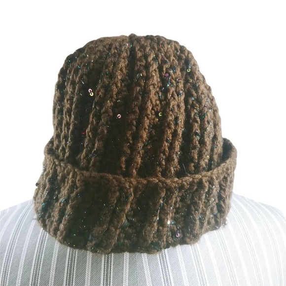 Handmade Ribbed Acrylic Tuque Brown Metallic Very  Warm - Picture 4 of 7